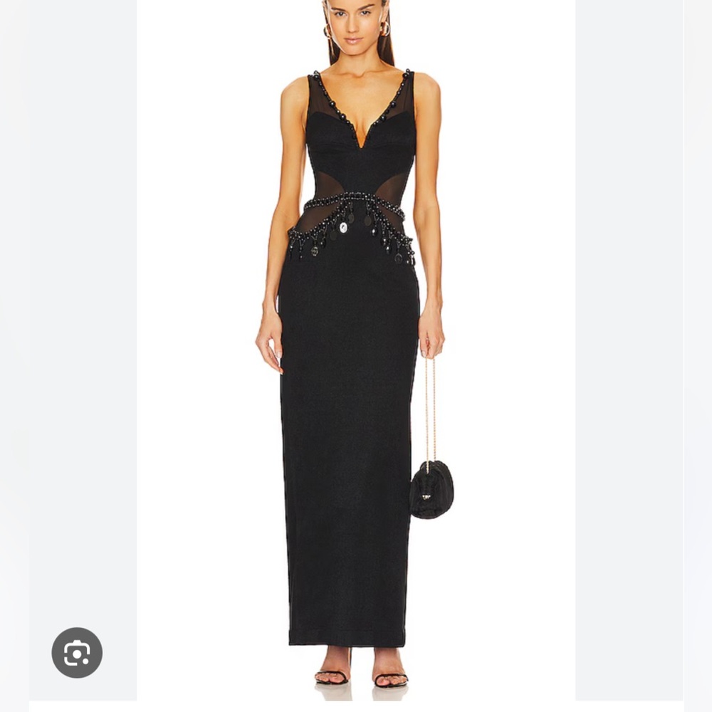Patbo mesh paneled black beaded gown 8